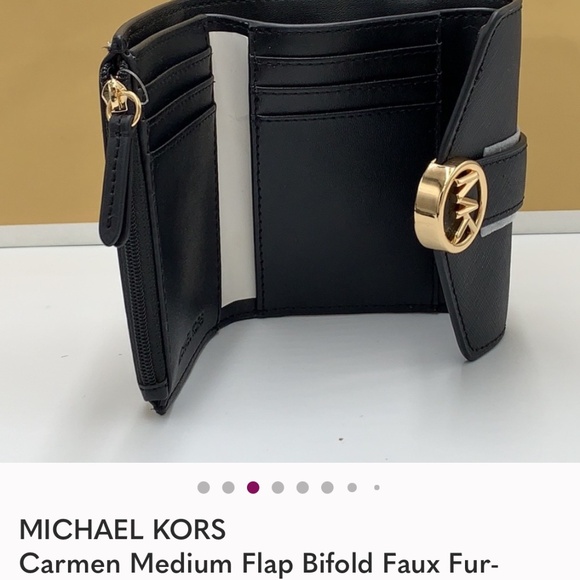 MICHAEL KORS Carmen Medium Flap Bifold Faux Fur-Leather Wallet BLACK COLOR - Picture 3 of 6